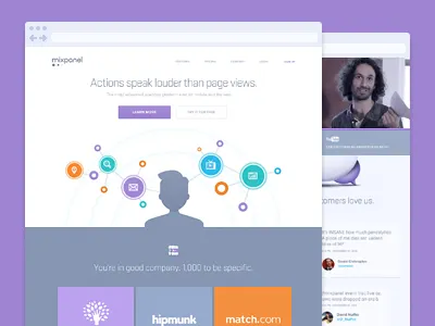 Mixpanel Home action animation browser comments flat footer icons illustration landing mixpanel purple user web