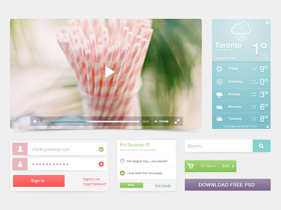 Beach GUI app beach button clean colorful download free freebie fresh gui login pastel poll psd search bar user interface video player weather