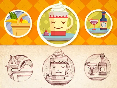 Icons bar basket bottle cafe coffee color cup dot drink fruit glass icons paper pattern retro sketch sweet texture
