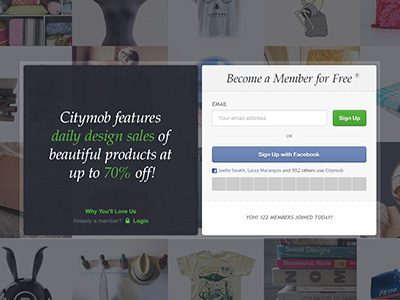 Sign Up address citymob email facebook facepile login notification password pop up sign in sign up ui wall website