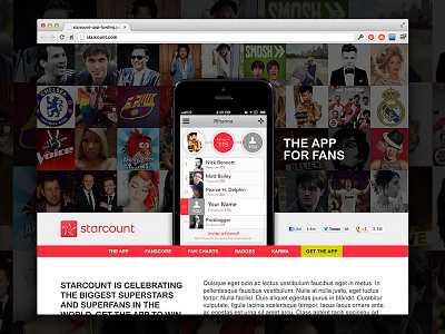 Starcount App Landing Page (Retina) app application celebrities charts fans interface iphone landing landing page promotion retina starcount stars ui user user interface web web design