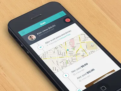 Amount owed detail app austin blue charge due feed food gray iou iphone location map money owed payment payments pin ui white