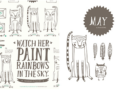 The Ink Nest May Calendar banners beehives cakes cats feathers frames hand drawn type illustration jars may nicole larue owls tea cups tea pots umbrellas
