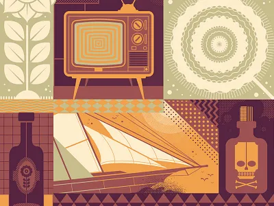 Montage bottle flat flower graphic montage mosaic pattern poison sail ship television tv wine