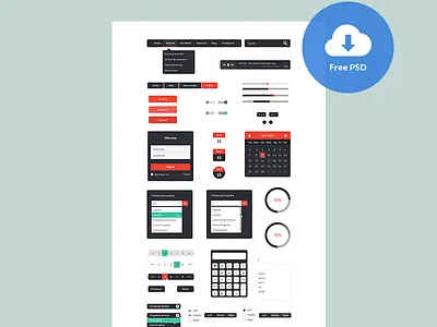 Freebie: UI Kit PSD autocomplete breadcrumb button calculator calendar check in combobox freebie interface log in form menu music player navigation pagination radio buttons search ui ui kit