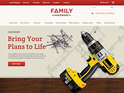 Homepage Concept e commerce hardware nails nova proxima red texture website wood