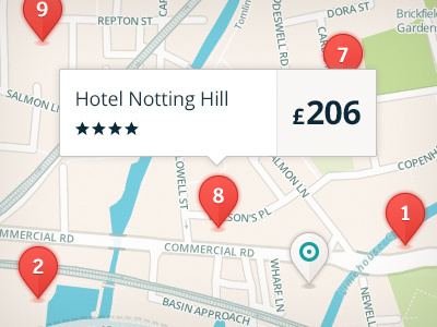 Top10 Map view pins blue centre hotel map pin popover prince red tooltip top10 top10.com