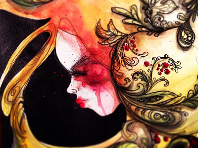 Xoxloma aquarelle art nouveau baroque black crying drawing face floral girl green illustration india ink painting pattern profile red russian skin watercolor xoxloma yellow