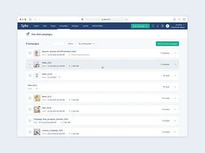 Splio Campaigns list #1 campaign list email list design metadatas options preview product design schedule date sms splio status