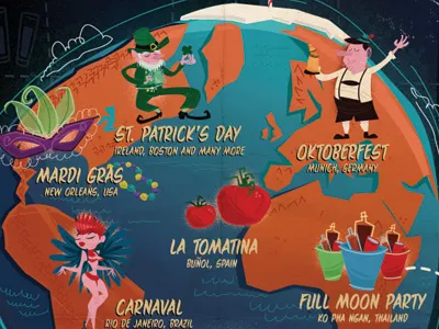 6 World Parties beer blue brazil brown carnaval germany globe new orleans parties party spain world