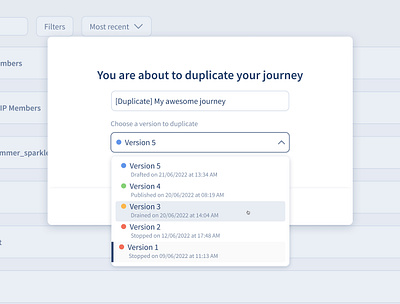 Journey Pop-up to duplicate a version component dropdown duplicate form journey campaign modal pop up product design splio ui design