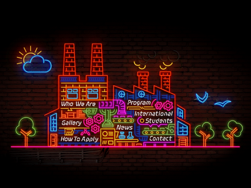Factory Animation [GIF] animated animation birds bricks factory gears gif illustration neon sky smoke sun trees wall