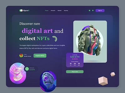 NFT Marketplace Website Header 3d element app art branding creative cryptocurrency darkmood design dribbble shot graphic design header illustration landing page logo nft ui uiux ux web ui website