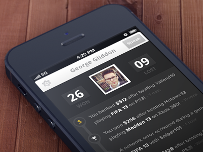 Game Profile Screen - GotGameApp.com dark dollar flat game gaming georgegliddon gotgame icon minimal mobile mobile gaming play ps3 settings sleek streak time line timeline trophy win winning xbox