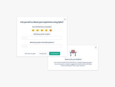 User feedback pop-up survey emojis forms modal nps pop up splio survey thank you ui design user feedback