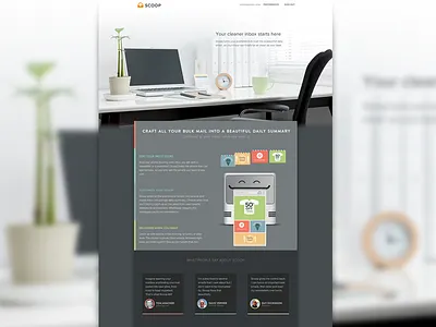 Scoop Landing Page animation app bulk clean clean inbox email flat flat colors friendly gmail happy inbox junk landing landing page litmus pastel robot scoop
