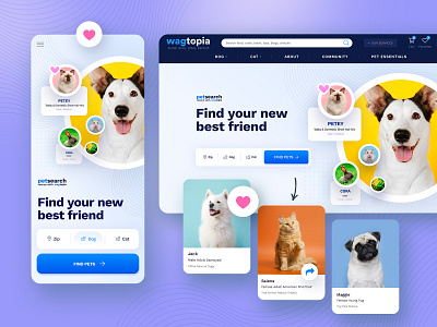 Petsearch 2023 adopt animals app blue cat desktop dog find foster mobile pet pets petsearch the best trends ui ux visual design wag