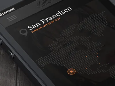 Artist Location app artist black dark feed find iphone location map orange pin search tattoo ui ux