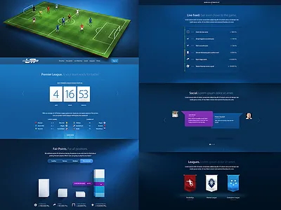 Fantasy Soccer landing page blue charts computer game count down countdown feed flags football game ios ios game landing page leagues light live points responsive rwd shadows shields soccer social sports stats teams video game web design