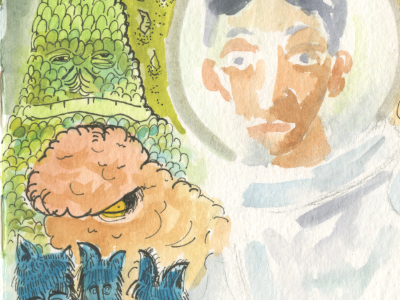 Self portrait with friendsq illustration ink monster water color