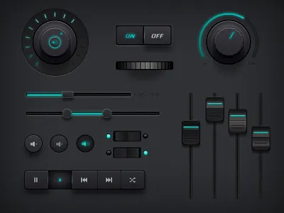 Free Dark Ui Kit buttons dark dials download elements free freebies freepsd interface kit light music navigation off on psd toggle ui volume