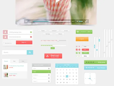 Beach UI app beach button clean colorful download free freebie fresh gui login pastel poll psd search bar user interface video player weather