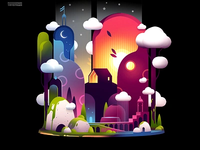 Nuages cabin city clouds futur glow hills illustration journey lamp light nature neon print trystram