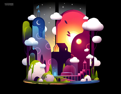 Nuages cabin city clouds futur glow hills illustration journey lamp light nature neon print trystram