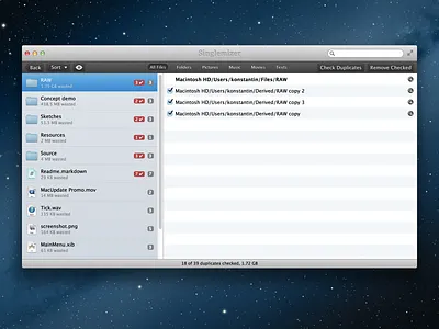 Singlemizer (two column view) app app store apple application duplicate files duplicates interface mac mac os x master detail native os x retina singlemizer sketch sketch app ui user interface utility