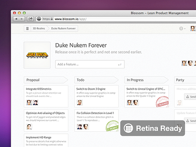 The Blossom App is Retina Ready avatar blossom browser button cards cover input product product management project purple retina stamps team