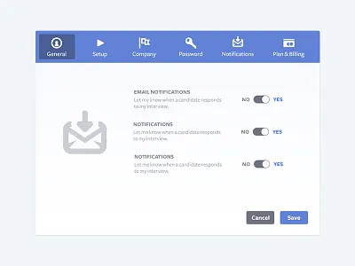 Settings admin app interface interview kira modal notif notifications panel preferences settings ui user ux web