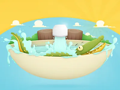 Snappy the Crocodile bathroom cartoon character clouds crocodile design dettol digital holler illustration sink sun tap water