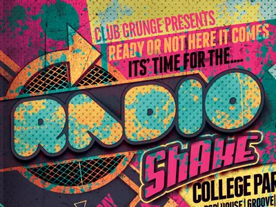 Radio shake 80s 90s advertising bash boom box club disco flyer grunge hits music old party pop poster print school template typography vintage
