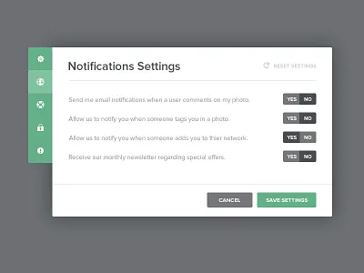 Settings x2 clean clear flat icons navigation no notification privacy save settings simple switch tabs widget yes