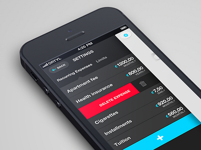 Settings screen add app application cash config configuration cost delete devices expenses flat flat style interaction interface ios iphone mobile money price semi flat settings slide spending ui user user interface ux wallet