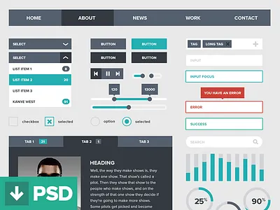 Flat UI Kit (Free PSD) bar button chart checkbox clean diagram dropdown error flat form free glyph graph icon interface kit label light menu metro navigation option psd search select success tab tooltip ui white