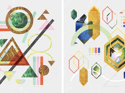 MidCentMod Collages A/B a b circles collages diamonds elements experiments masking mid century modern rgb space triangles vintage wood