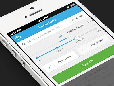 Belly Search & Filter advanced apple belly blue filter flat form green ios iphone minimal mobile modal panel picker popup search simple slider submit toggle ui ux white