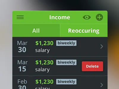 Income Screen app delete design filter finance flat ios iphone ui ux