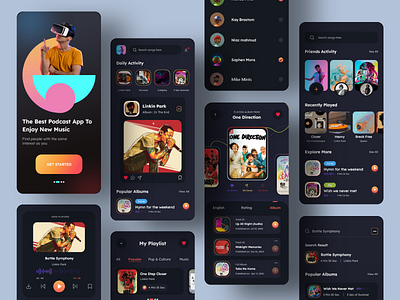 Podcast Mobile Application Design (Dark Version) android app design animation applications clean community design ios mobile live streaming minimal mobile app design mobile applications motion graphics music play app player podcast podcast app podcasting product user interface
