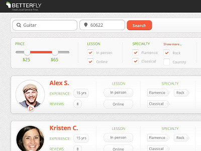 Betterfly Search Results design interface search search results ui ui design web design website