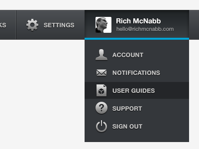Dark iPad navigation account dark dark interface dark ui dashboard drop down menu dropdown menu faq icons interface ipad ipad app menu navigation profile select select menu settings sign out support toolbar ui user guides
