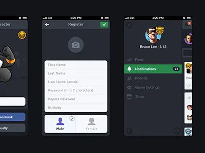 Healthy Heroes (some pages) app exercise game icons iphone landing list login minimal pakistan profile register social switch ui ux