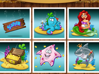 Underwater Adventure Game cartoon character design characters fish fruit machine illustration mermaid octopus oyster sea creature sea snail shark slot game star fish treasure
