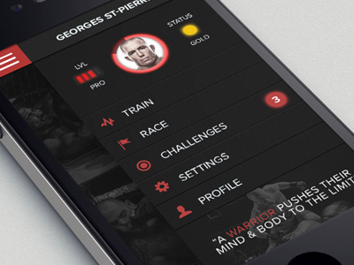 Fitness App app apple design fitness interface iphone menu mma phone pierre race settings train ui warrior