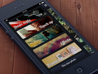 Simple Photo Editor menu app black dark editor ios iphone menu mobile navigation photos pics pictures ui