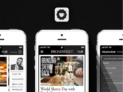 Broasheet Mobile Menu agency andriod app articles black button cafe coffee cup digital homescreen icon ios melbourne mobile optimised press promotion save seal tabloid tea ux wax
