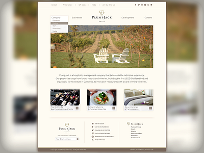 Plumpjack Group brown corporate dropdown hospitality hotel minimal restaurant semi flat website