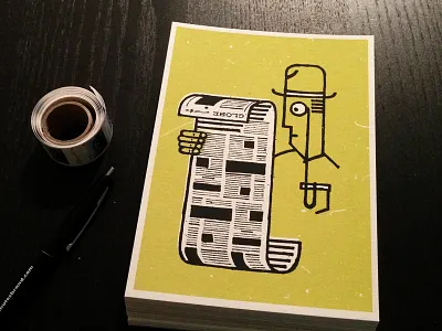 Newspaper Guy bowler hat hooked on phonics illustration literacy monocle newspaper postcard reading screenprint silk screen