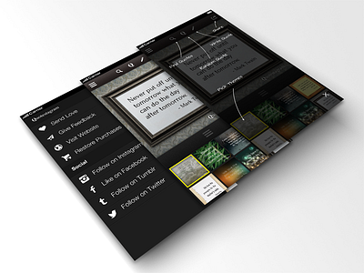 Quotestagram Mock v2 app black brown dark hamburger ios quotes slider ui